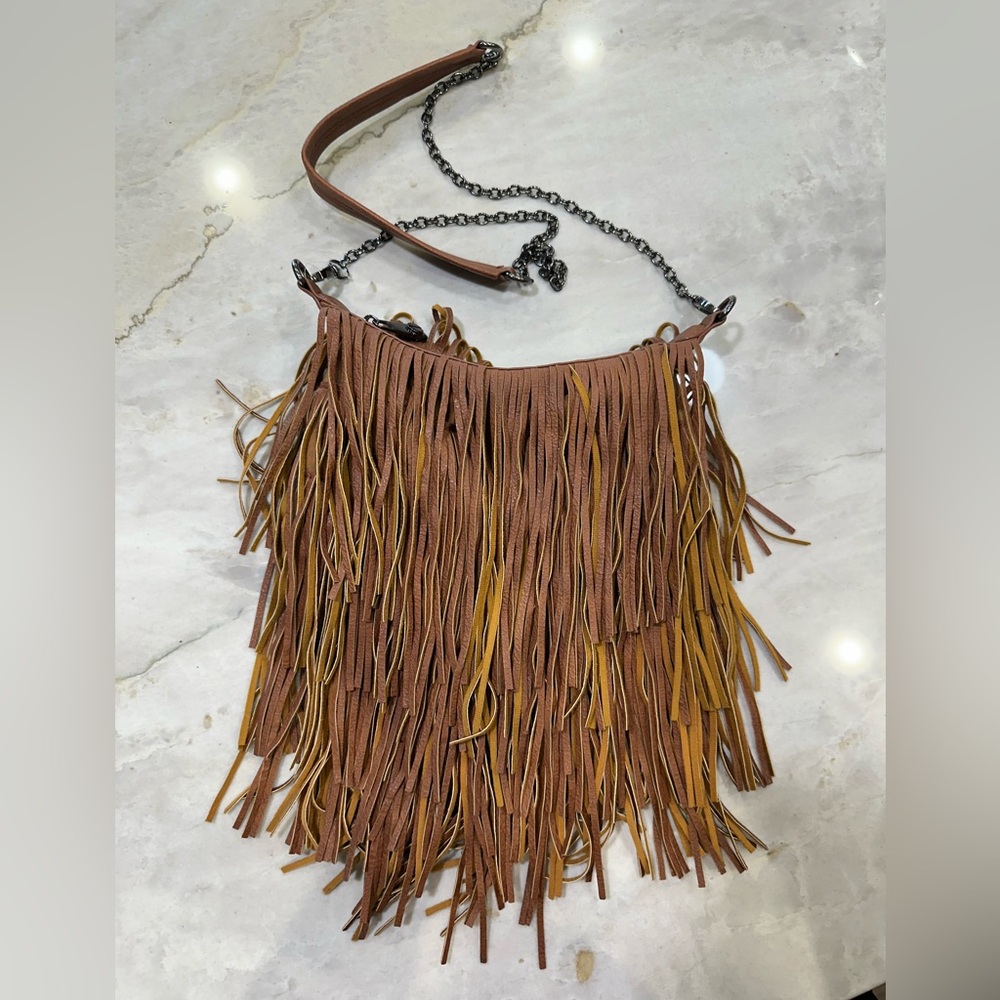 Steve Madden Brown Fringe Crossbody Bag with Chain Strap - Picture 5 of 8